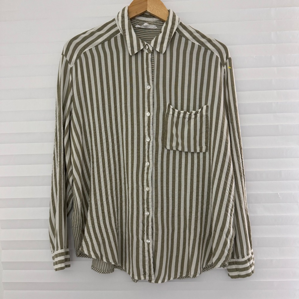 Jane + Delancey Womens Olive Green White Striped Button Down Shirt Large Crinkle
